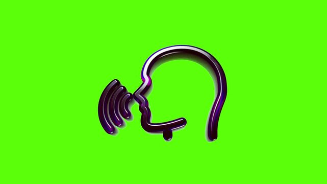 Purple speaking head icon showing sound waves coming from a person profile face for communication design