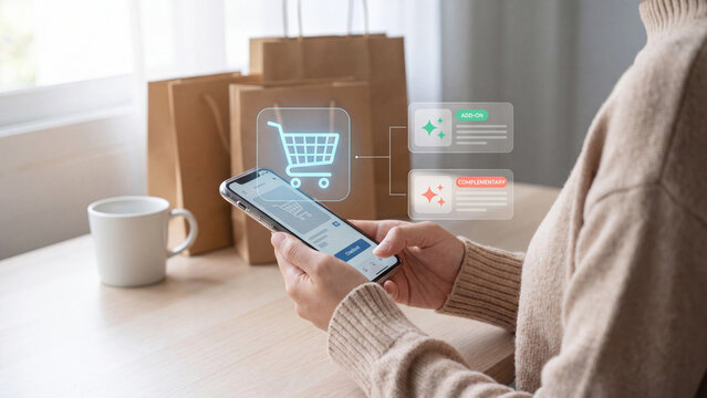 Online Shopping and Ecommerce Product Recommendation Concept, woman using smartphone with shopping cart, add-on and complementary product cards for online retail cross selling and marketing