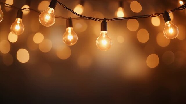 Warm Edison bulbs strung together creating a festive bokeh background during twilight
