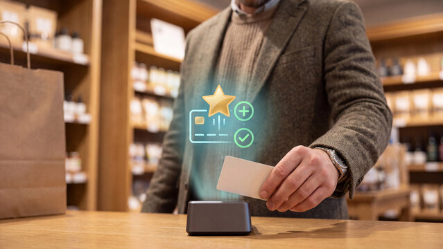 Customer Loyalty Card and Reward Points Membership Concept, man tapping loyalty card on reader in store with star, plus and checkmark icons for retail rewards program and shopping benefits