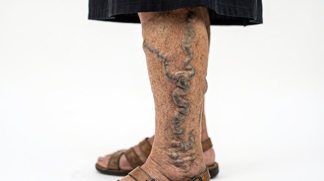 Severe varicose veins and spider veins on senior man lower leg