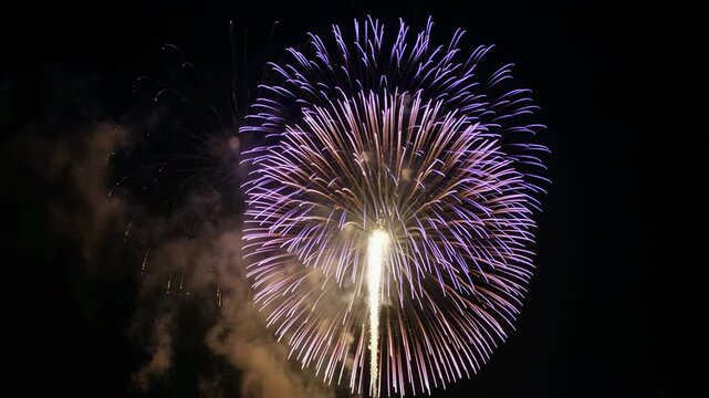 Purple fireworks exploding against a dark night sky with trailing smoke and light effects