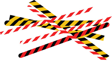 Obraz premium Crossed danger police tape and caution warning in yellow red and black warning hazard design. Intersecting caution line ribbons and hazard tape