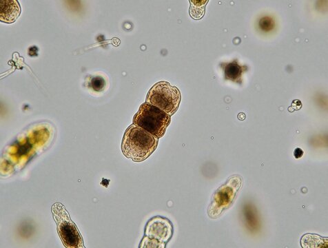 Microscopic view of diverse soil microorganisms like bacteria, fungi, protozoa. Tiny life forms swim in water, revealing cellular structures, complex ecosystems. Shows biology research, soil health.