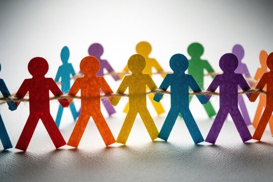 Colorful paper people form a chain holding hands linked by string. Diverse figures stand together showing unity and community spirit. Group bond illustrates teamwork and inclusion concept.