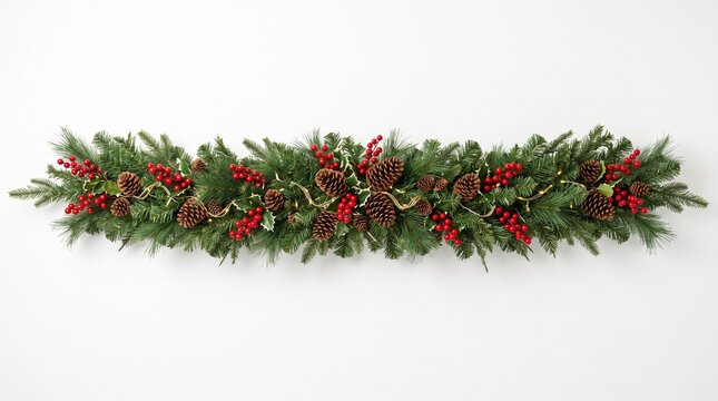 A festive christmas backround featuring a lush green pine garland decorated with bright red berries isolated on white