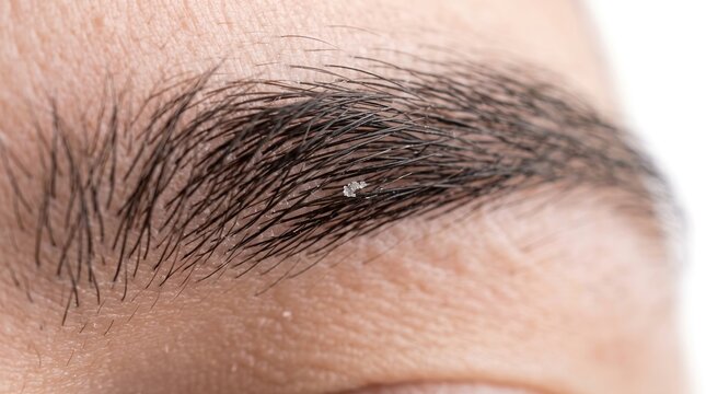Extreme Macro Closeup of Human Eyebrow Hairs with Seborrheic Dermatitis Flakes