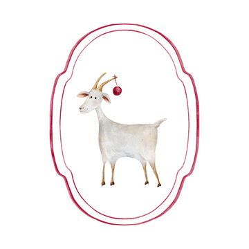 Hand painted watercolor card template with double red oval frame and a white goat with beige horns and a red bauble hanging on one horn inside, terracotta and cream palette, white background.