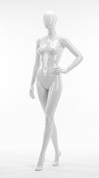 Maniqu&iacute; femenino blanco brillante elegante con pose de mano a la barbilla