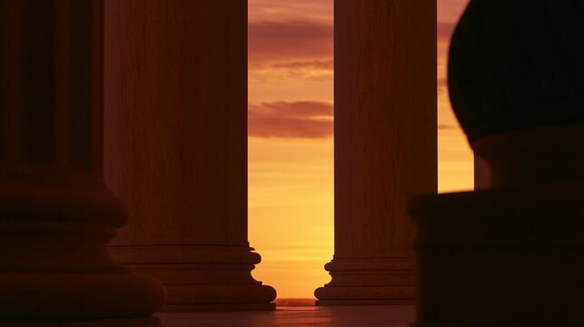 roman. Classical stone columns bathed in warm sunset hues, creating a serene architectural silhouette. inspiring travel planning.