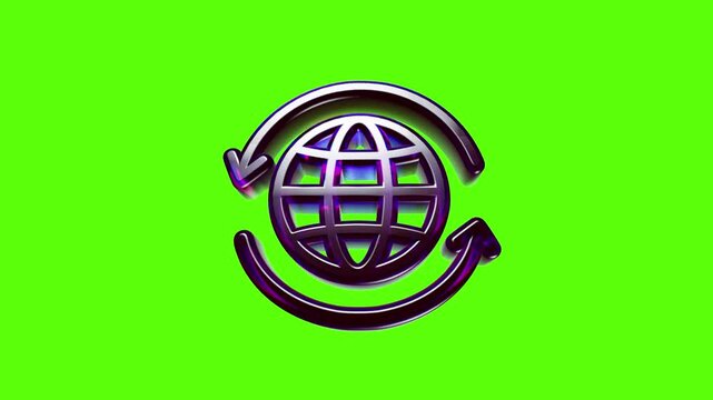 Shiny metallic world globe icon with circular refresh arrows for global internet and technology concept