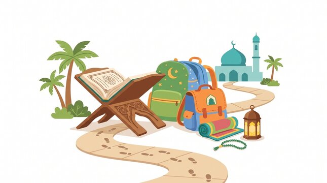 Islamic Education Journey: Quran, Backpacks, Mosque, Palms, and Path of Footprints