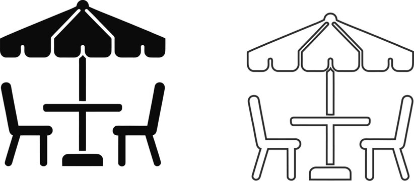 Patio umbrella table icon set featuring outdoor cafe seating, parasol canopy, round table, chairs, and clean line art variations