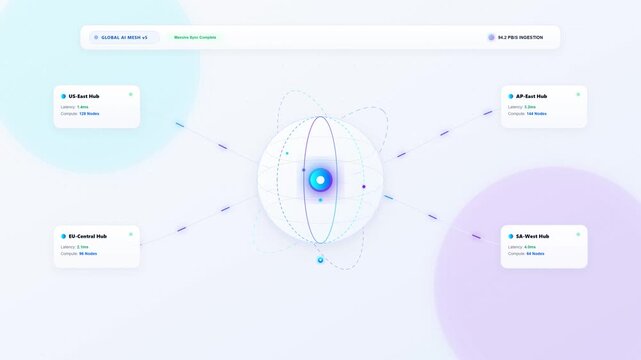 Futuristic global data network dashboard with connected cloud computing hubs and digital interface