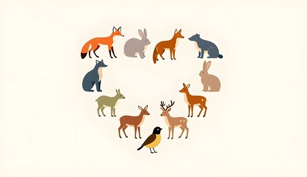 Cute watercolor forest animals and birds arranged in heart shape design isolated