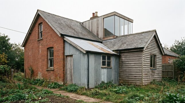 Small House Carrying Three Mismatched Extensions as a Scope Creep Metaphor