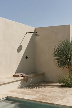 Modern outdoor shower corner in a desert home featuring travertine flooring, matte black rain fixture, and a folded towel on a stone shelf