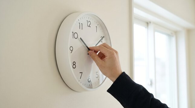 Hand Winding a Plain Wall Clock Backwards Showing the Autumn Clock Change