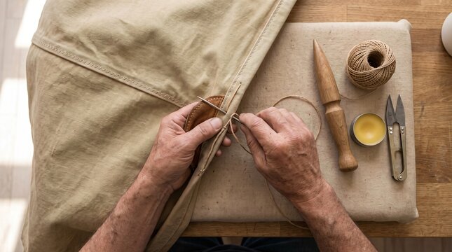 Hands Stitching a Heavy Canvas Sail Seam by Hand Showing Traditional Maritime Craft