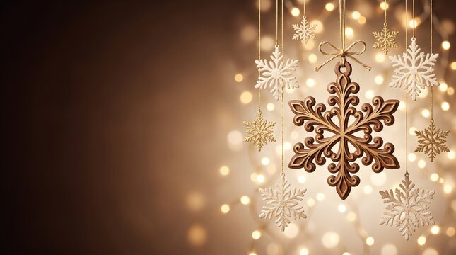 Elegant golden snowflake ornaments hanging against a glowing blurred bokeh light christmas backround for holiday season greeting cards