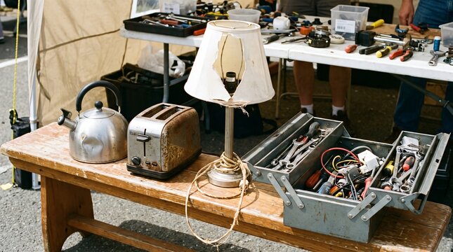 Broken Kettle, Toaster and Lamp on a Repair Cafe Bench Showing the Right to Repair
