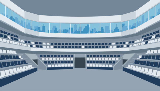 Empty grand stadium layout with blue and white spectator seats under city window skyscrapers skyline.