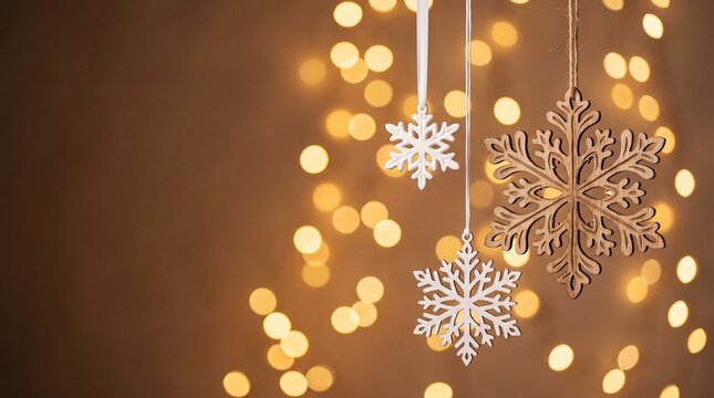 Elegant golden snowflake ornaments hanging against a warm glowing bokeh light christmas backround for holiday season celebrations
