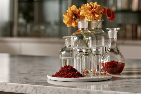 Marble lab table with saffron threads and glass vials showcasing food authenticity testing premium laboratory science and luxury editorial styling