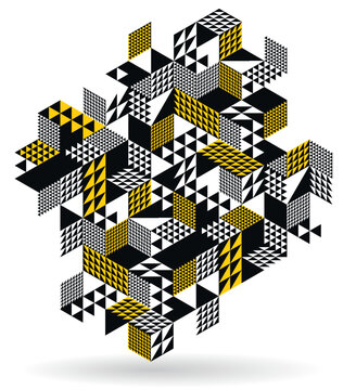 Black and yellow geometric vector abstract background with cubes and shapes, isometric 3D abstraction art displaying city buildings forms look like, op art optical illusion.