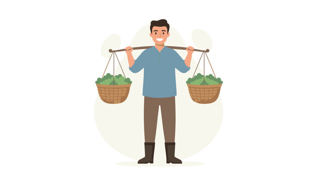 Smiling young asian farmer wearing boots and holding traditional shoulder pole with two harvest crop baskets.