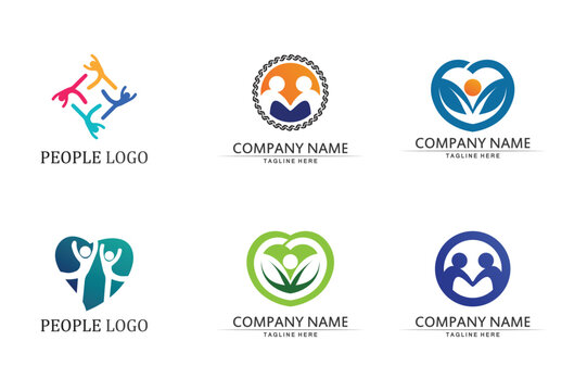 Set of six people and community featuring human figures, hearts, leaves, and circular patterns in vibrant colors on white background