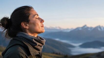 Obraz premium A woman wearing a neck gaiter and jacket admires a misty mountain valley landscape during the soft light of golden hour