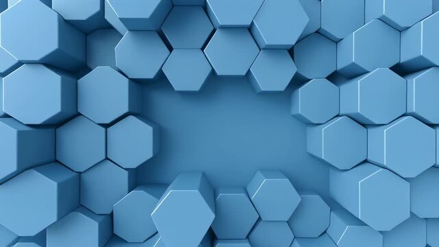 Blue hexagonal tiles forming a dynamic abstract pattern with subtle depth and light shifts