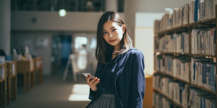 図書館でスマートフォンを持つ女性