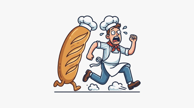 Cartoon vector illustration of a terrified male baker in a white apron and toque running away from a giant sentient baguette bread loaf also wearing a chef hat, on a white background.