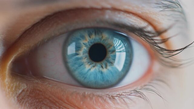 Extreme macro footage of a single beautiful human eye, bright blue iris with subtle cyan for National Hispanic Heritage Month and World Sight Day