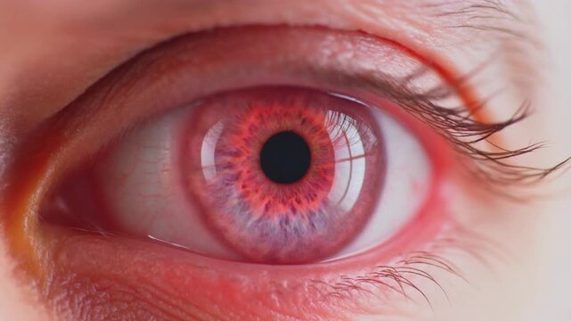 Extreme macro footage of a single beautiful human eye, vivid hibiscus-pink iris for National Hispanic Heritage Month and World Sight Day