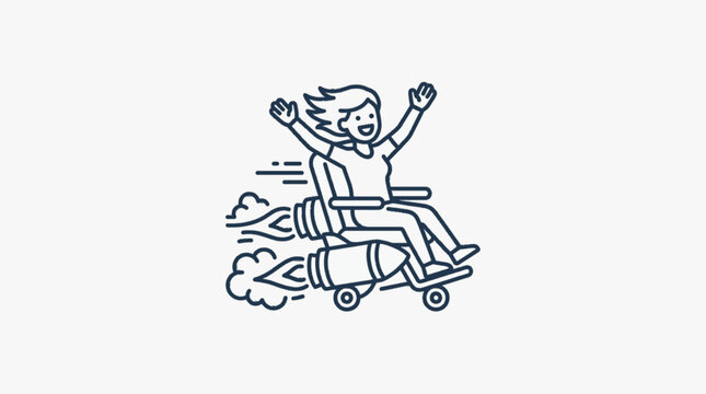 Minimalist line art illustration of a smiling woman with long hair sitting in a rocket-powered wheelchair moving at high speed with smoke and flames, isolated on white background.