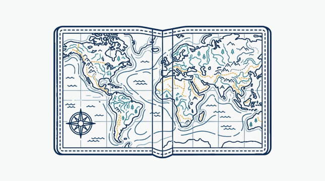 Vector world map inside open passport cover. Features stylized continents, compass rose, mountain icons, and nautical line art for travel, geography, and global exploration themes.