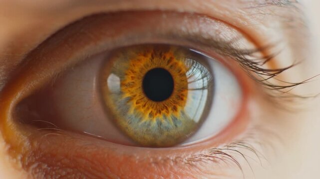 Extreme macro footage of a single beautiful human eye, bright sunlit amber iris for National Hispanic Heritage Month and World Sight Day