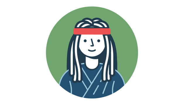 Cute young male avatar character with long dreadlocks and a red headband smiles friendly inside a green circle icon.