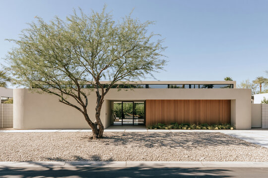 Modern desert home featuring khaki stucco, clerestory windows, and a mature palo verde tree in a gravel courtyard under bright midday sun