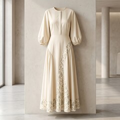 Naklejka premium Elegant Cream Colored Midi Dress with Intricate Embroidered Details and Puff Sleeves Displayed in a Minimalist Modern Fashion Boutique Interior