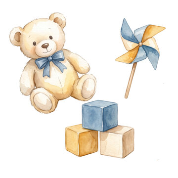 Watercolor Baby Toys Clip Art Set: Teddy Bear, Wooden Blocks, and Pinwheels on Black Background