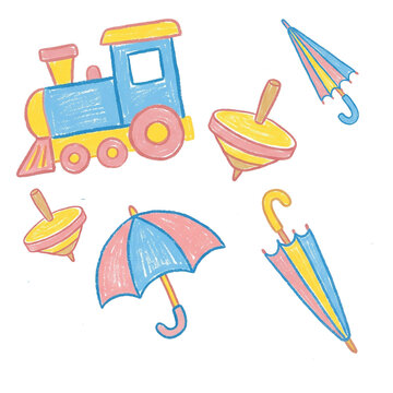 Cute pastel chalk drawn seamless pattern with vintage toy train, spinning top, and umbrella on black background