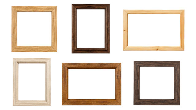 Six empty wooden picture frames in various sizes and wood tones arranged on a transparent background