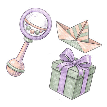 Hand Drawn Pastel Baby Shower Elements with Vintage Rattles, Paper Boats, and Gift Boxes on Black Background
