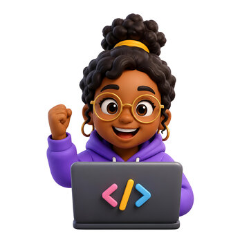 International Youth Day happy girl programmer working on laptop computer.
