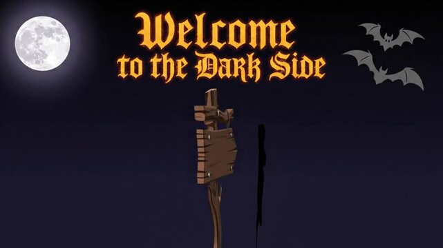 Wooden signpost pointing towards mysterious darkness under a glowing full moon in this spooky haunted night animated motion footage clip