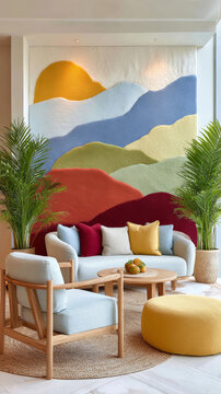 A bright modern living room with a large abstract wall mural of layered colorful mountains and a yellow sun, furnished with a sofa, armchair, round ottoman, coffee table, and two potted tropical plant